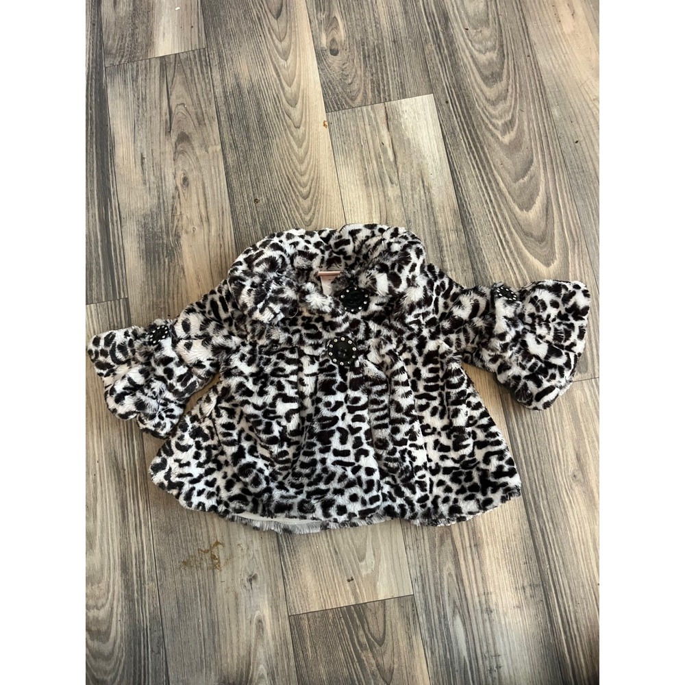 Girls Leopard Print Faux Fur Coat Bell Sleeve Rhinestone Button Jacket